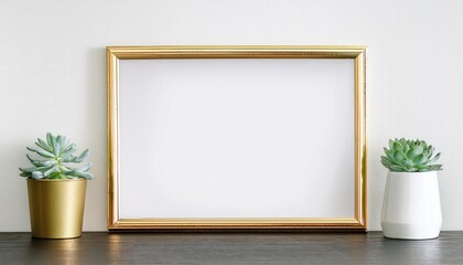 Stylish Succulent Arrangement Framed Against a Minimalist Backdrop Elegant Gold Metal Frame Accentuating Textured Greenery and a Harmonious White Space