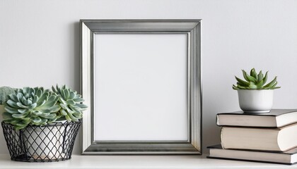 Fototapeta premium Horizontal Metal Frame Home Interior Poster Mockup with Succulents and Books Vintage Elegance Meets Modern Charm, Showcasing a Cozy Study Nook Filled with Greenery and Knowledge