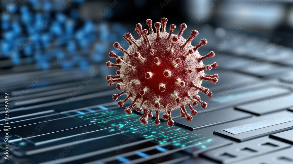 Poster digital illustration of virus on computer keyboard, symbolizing technology and health