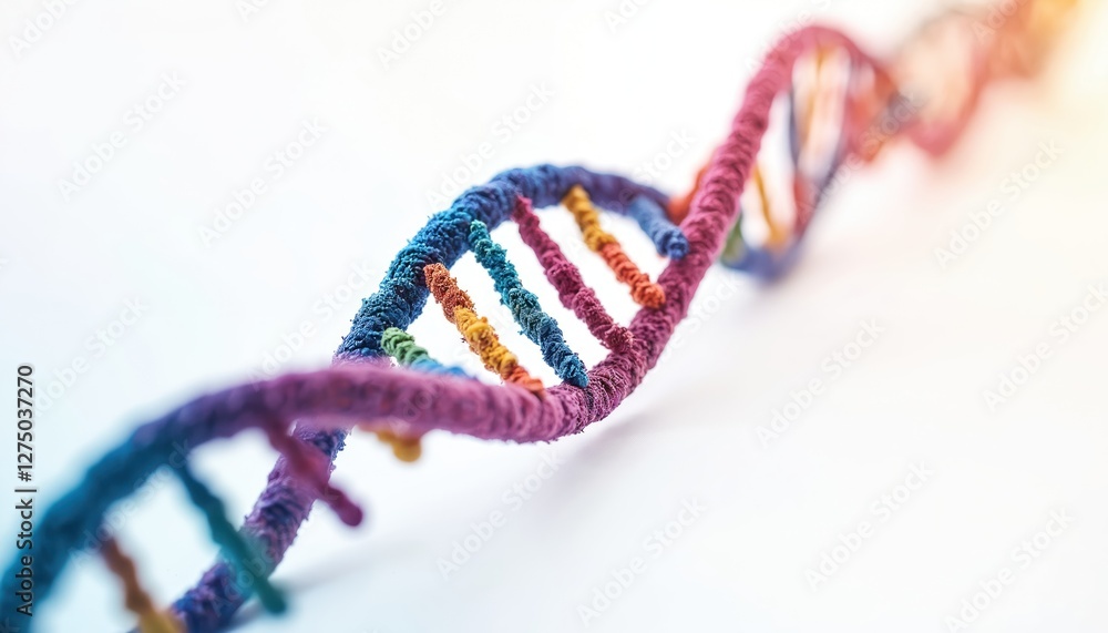Poster Illustration of multi color DNA model. Deoxyribonucleic acid strand of helix colours on white background. Double chain structure three-dimensional bio genetic code molecule. Symbol of biotechnology