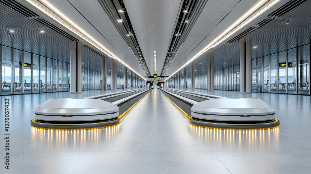 Poster futuristic baggage handling system with robotic arms in spacious terminal