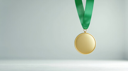 gold medal with green ribbon hanging against neutral background symbolizes achievement and success. This evokes feelings of pride and accomplishment