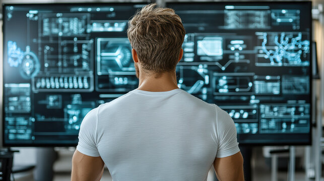 man observes advanced technology and data analytics on screen