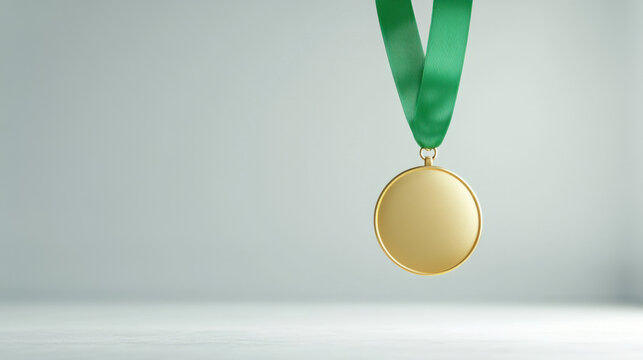 gold medal with green ribbon hanging against neutral background symbolizes achievement and success. This evokes feelings of pride and accomplishment