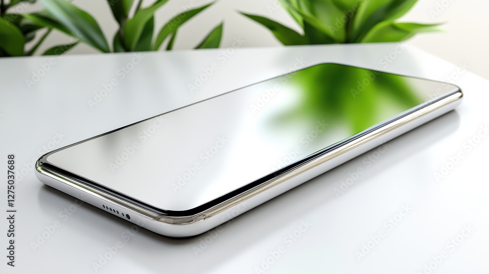 Poster sleek smartphone design with reflective surface and greenery in background