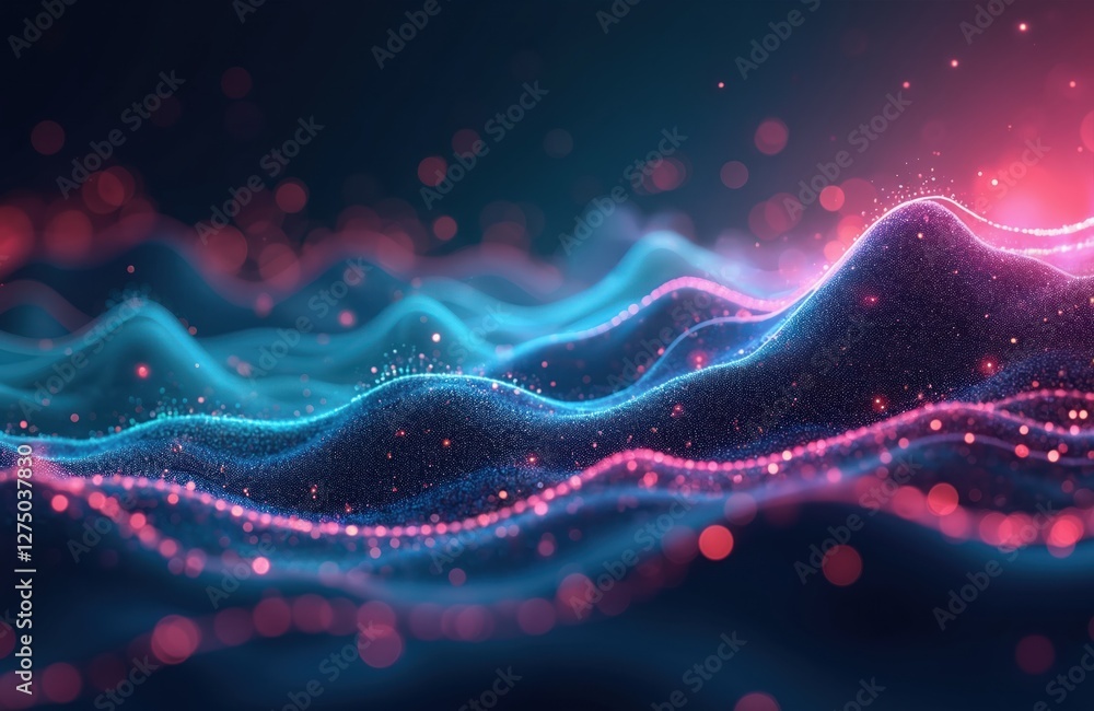 Poster abstract futuristic background with blue, pink neon glowing wave lines, blurred bokeh lights. mounta
