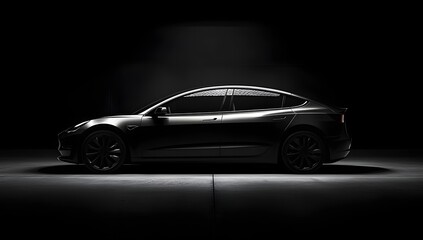 Fototapeta premium Black EV Car Profile, Dark Studio, Spotlight