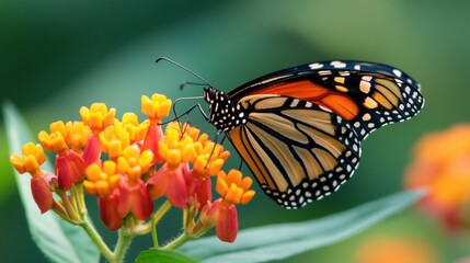 Fototapeta premium Monarch butterfly feeding on vibrant orange and yellow flowers