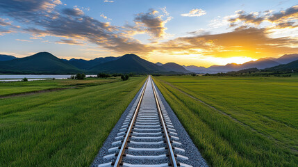 Naklejka premium scenic view of railway tracks stretching through lush green fields at sunset