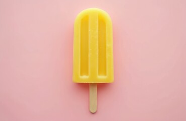 Vibrant yellow popsicle on isolated pink background. Refreshing summer dessert treat. Sweet, fruity, tasty, delicious ice cream stick. Healthy, organic, natural, vegan snack food, minimal design.
