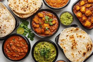 Colorful Indian Cuisine with Various Dishes and Fresh Ingredients Spread on Table