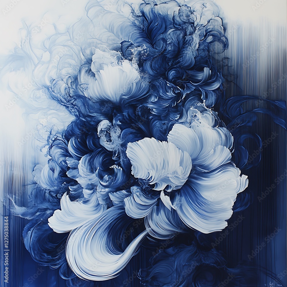 Poster a stunning close-up of delicate blue and white flowers merging with abstract swirls, creating a capt