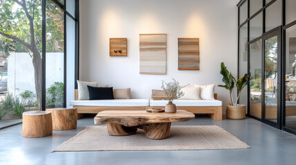 Modern home decor shop featuring handcrafted wood furniture and natural elements
