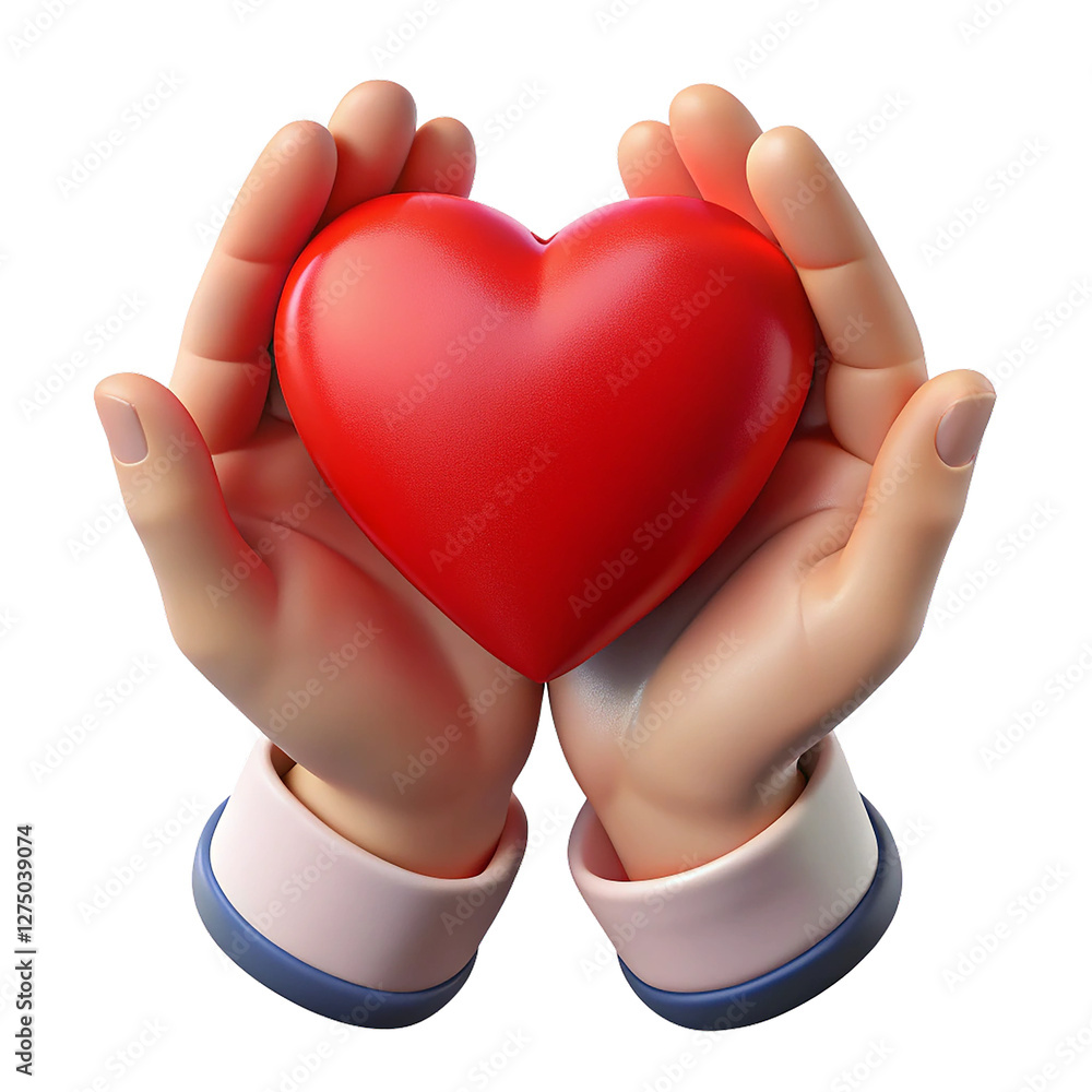 Poster hand holding a red heart 3d render isolated on transparent transparent background