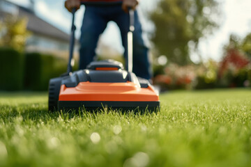 Fototapeta premium man is mowing lawn with electric mower, showcasing well maintained garden. bright green grass and sunny atmosphere create refreshing outdoor scene