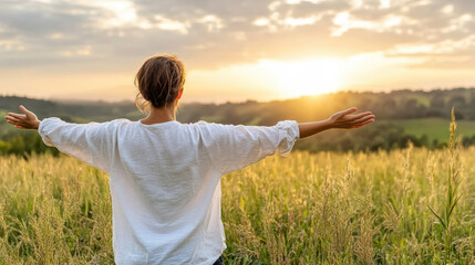 person stretching at sunrise in peaceful field, embracing nature beauty