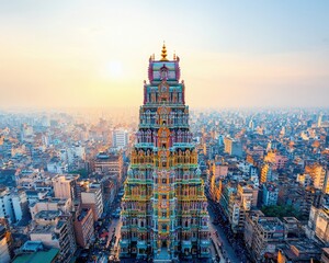 Naklejka premium A stunning aerial view of a colorful temple towering over a bustling city, bathed in the warm glow of sunset, highlighting the blend of spirituality and urban life.