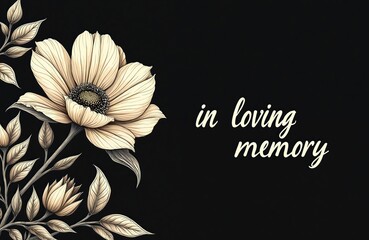 Condolence card design featuring floral elements, in loving memory inscription against black background. Flower outline illustration for funeral invitation, obituary announcement. Sorrowful memorial