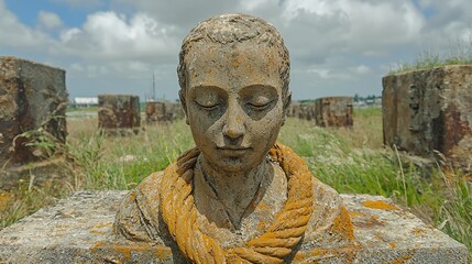 Obraz premium Weathered Stone Sculpture Head With Rope