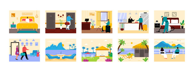 Hotel and Resort set illustration. Flat vector illustration concept. 