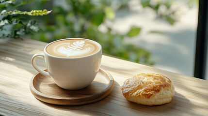 serene morning coffee scene with latte and pastry on wooden table