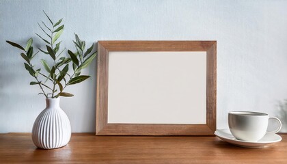 Elegant, Minimalist Home Office Scene Empty Wooden Frame Mockup Showcases Coffee Break Ambiance with Warm Tones and Organic Textures