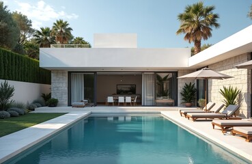 Fototapeta premium Luxury villa with swimming pool on bright sunny day. Modern home design, surrounded by palm trees. Lounge chairs, sun umbrellas for relaxation at poolside. Summer vacation, holiday at luxurious