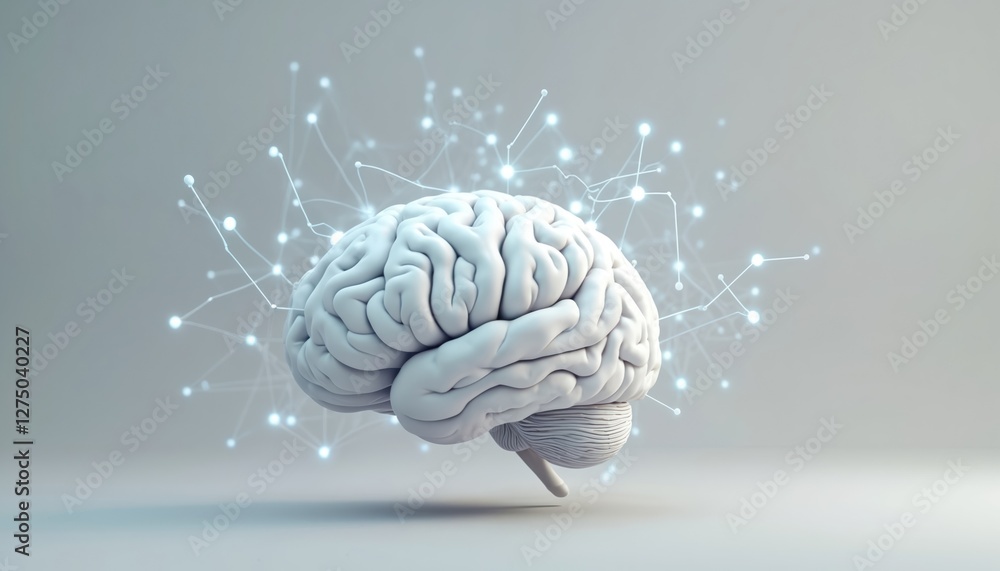 Poster brain concept with neural network connections. digital innovation, ai, futuristic design on light gr