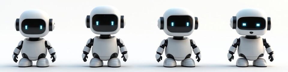 Fototapeta premium Minimal illustration of robot AI assistant character in white color. Futuristic companion with glowing neon blue eyes for support, chat, messenger, bot services. Robotics, automation, machine