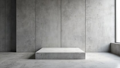 Minimalist concrete pedestal in textured room. Stark, elegant platform ideal for product display, mockups, product presentations, promotion art installations. Grey structure. Modern design pure