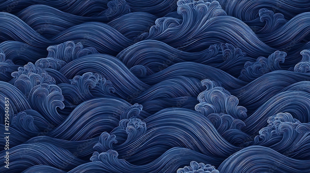 Poster a stunning depiction of deep blue ocean waves, showcasing intricate patterns and dynamic movement, p