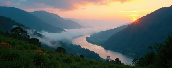 Shakva river valley with misty atmosphere and gentle slope at dawn, mist, dawn