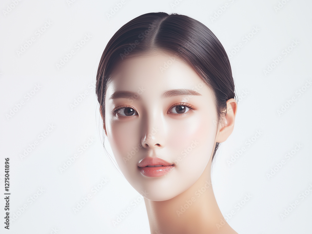 Poster 美肌の若くて綺麗なアジア人女性モデルの美容ポートレート。透明感とナチュラルさが際立つショット。