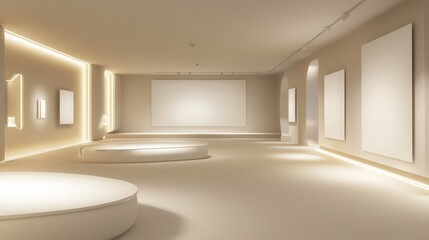 Minimalist art gallery featuring blank canvases, soft lighting, and clean lines, perfect for showcasing modern artwork and presentations.