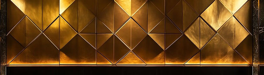A stunning golden wall featuring geometric patterns and ambient lighting, offering a luxurious backdrop for modern interiors, events, or artistic displays.