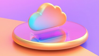 A colorful, glossy cloud icon sits on a reflective surface, set against a vibrant pastel background, symbolizing digital storage and technology.