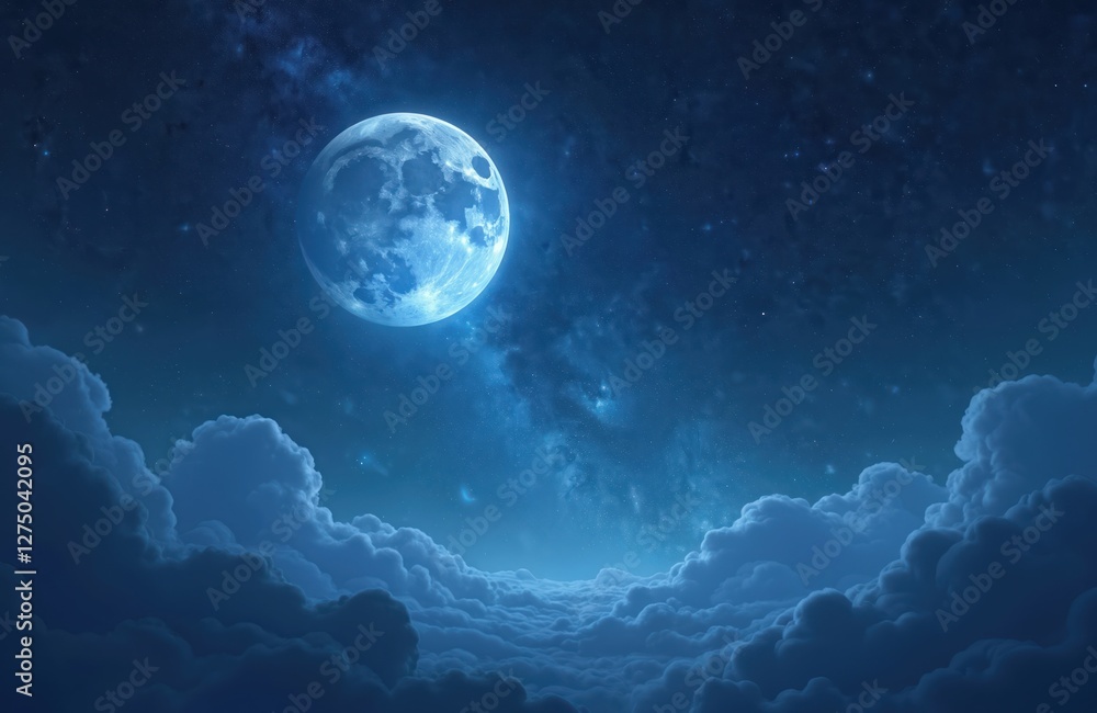 Poster blue moon shines above fluffy clouds in starry night sky. lunar surface with craters is visible. cel