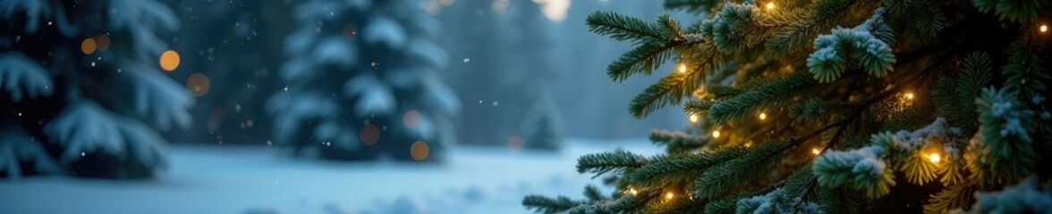 Twinkling white lights dance across the branches of a majestic evergreen Christmas tree on a serene winter landscape, Evergreen Christmas Tree, Cozy Environment