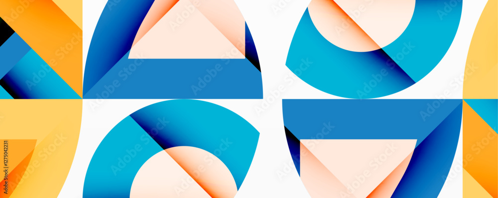 Poster Abstract geometric composition with interlocking circular and angular shapes, featuring smooth gradients and sharp contrasts on a white background