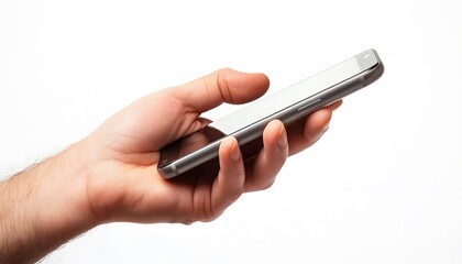 Man is holding a silver smartphone in his right hand
