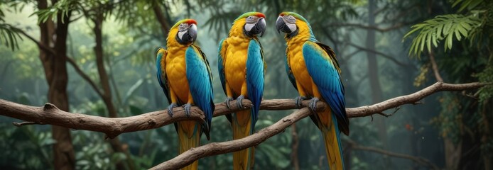 Obraz premium Vibrant blue and gold macaw perched on a branch, colorful bird, isolated