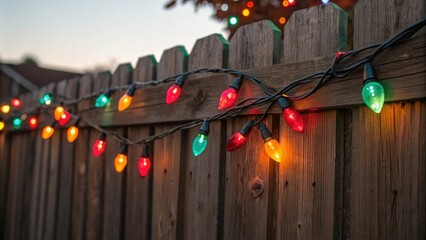 Vibrant colored Christmas lights adorning a rustic wooden fence, holiday display, festive ambiance, holiday lights