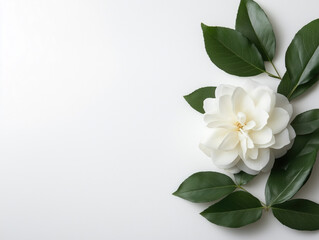 Fototapeta premium Stunning White Rose Adorned with Vibrant Green Foliage for a Touch of Elegance.
