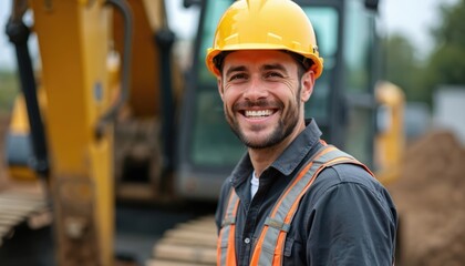 Smiling worker portrait in helmet, work clothes near excavator. Construction industry engineer. Happy bearded man, hard hat, loader, outdoors, modern vehicle, builder, job, occupation. Safety at work.