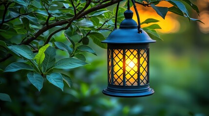 Serene Sunset: Illuminated Lantern Hanging from a Tree Branch