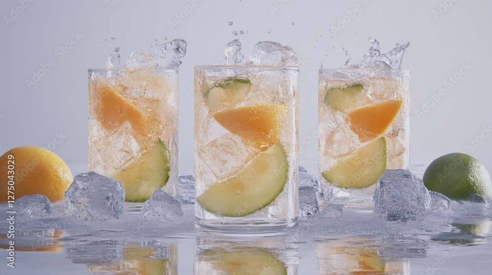 Poster refreshing summer drinks with citrus slices splashing in clear glasses on a cool surface