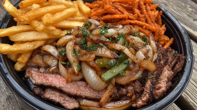 A delicious plate featuring grilled steak, sautéed onions, sweet potato fries, and regular fries.