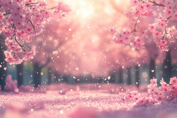 Beautiful pink cherry blossom forest with petal falling in the air, a bokeh effect, pastel colors, a dreamy and romantic atmosphere, soft light, digital art