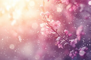 Fototapeta premium Beautiful pink cherry blossom forest with petal falling in the air, a bokeh effect, pastel colors, a dreamy and romantic atmosphere, soft light, digital art