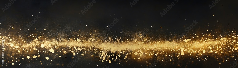 Poster a stunning visual of shimmering gold particles floating against a dark backdrop, creating a captivat